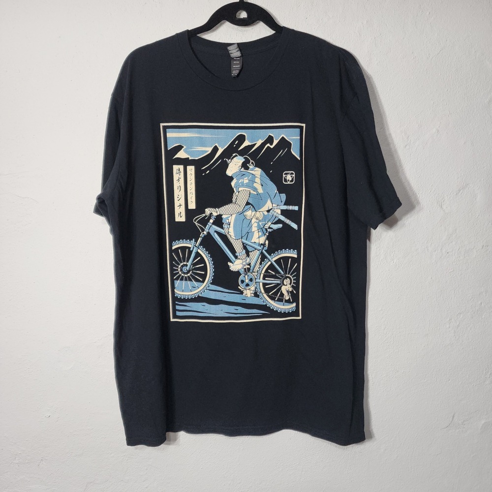 Anvil‎ Graphic T-Shirt XL 100% Cotton Black Samurai Mountain Biking Japanese Art